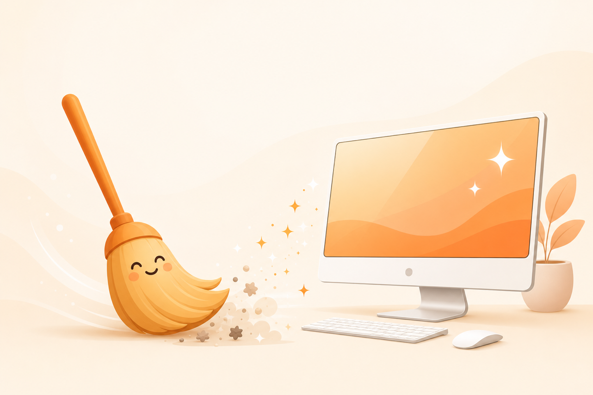 A smiling broom sweeping sparkles toward a fresh, clean Mac